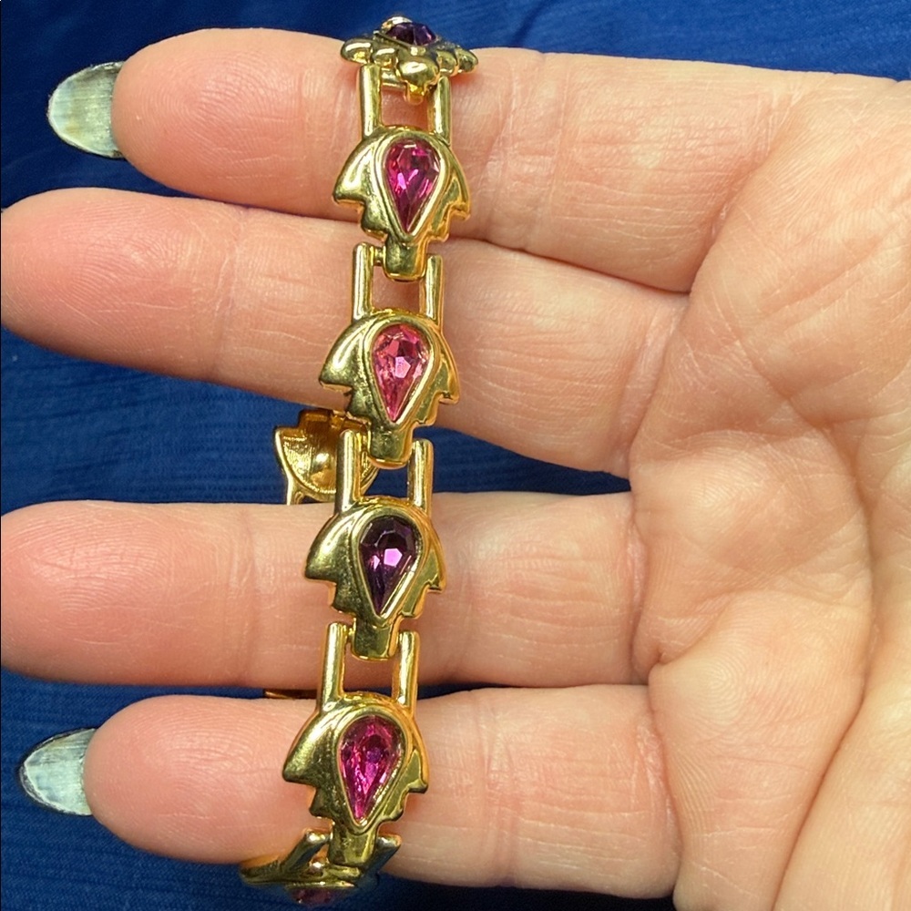 RARE 80's Swan Swarovski Gold Tennis 7.5" Bracelet Pink Purple Teardrop Crystals - Picture 8 of 9